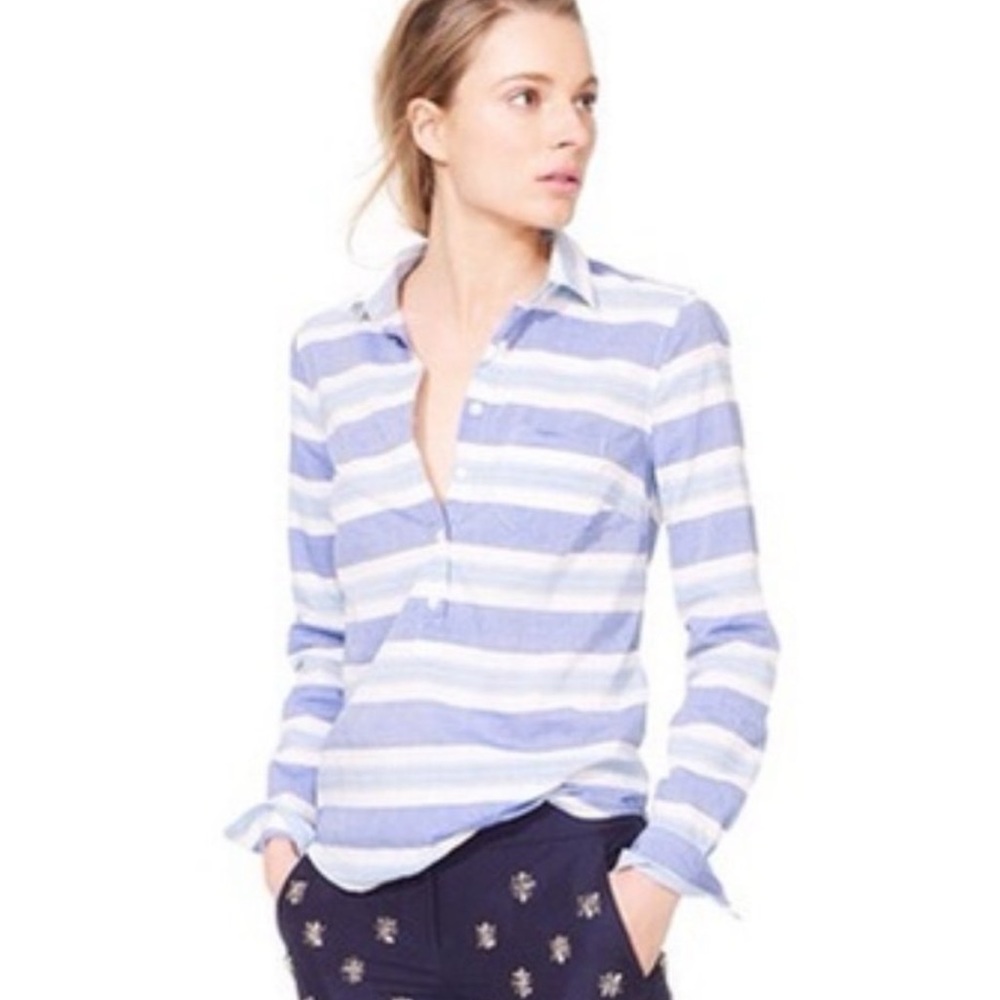 J. Crew Multi Striped Blue Cotton Popover Shirt 8